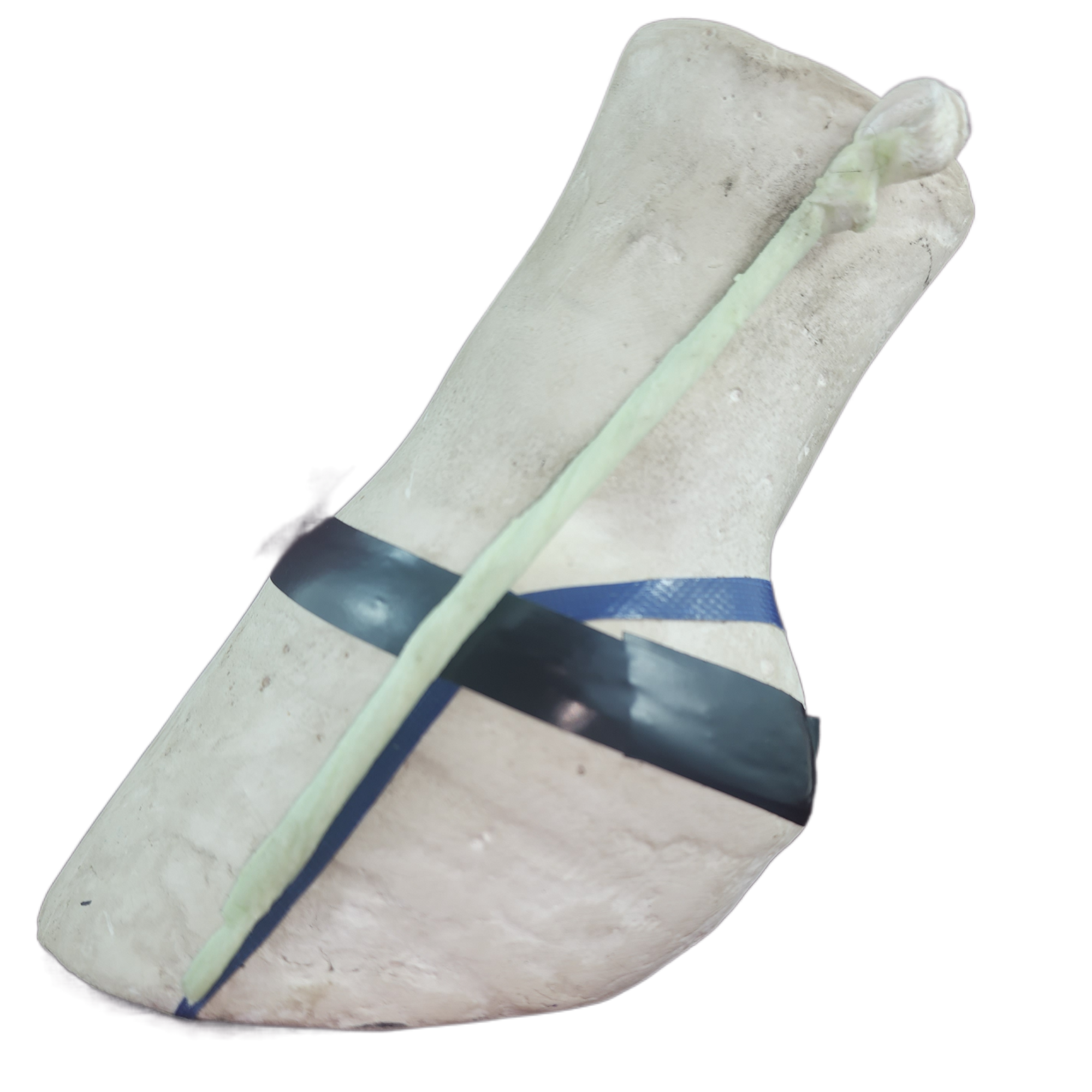 Doc's Sticky 4 Ply Drain-Void Forming Lace  in  a demonstration hoof crack model to show this first step of its use beneath Acrylic (Equilox) +/- Reinforcing Patch Material (ie Kevlar or Poly Vectan) to ensure a portal exist to relieve pressure if necessary .