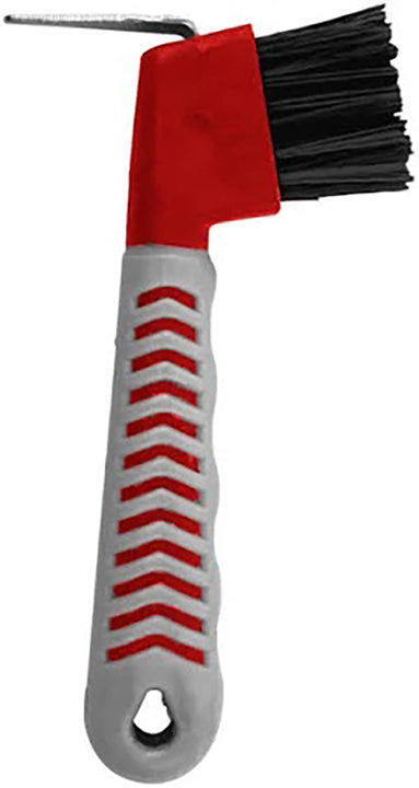 Can Pro Gripper Hoof Pick in red with rubber-coated handle and integrated brush.