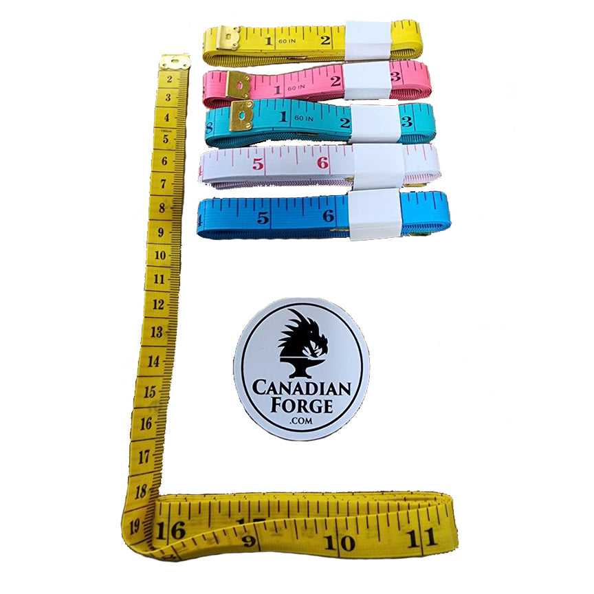 Canadian Forge & Farrier flexible tape measures in assorted colors, ideal for measuring round shapes.