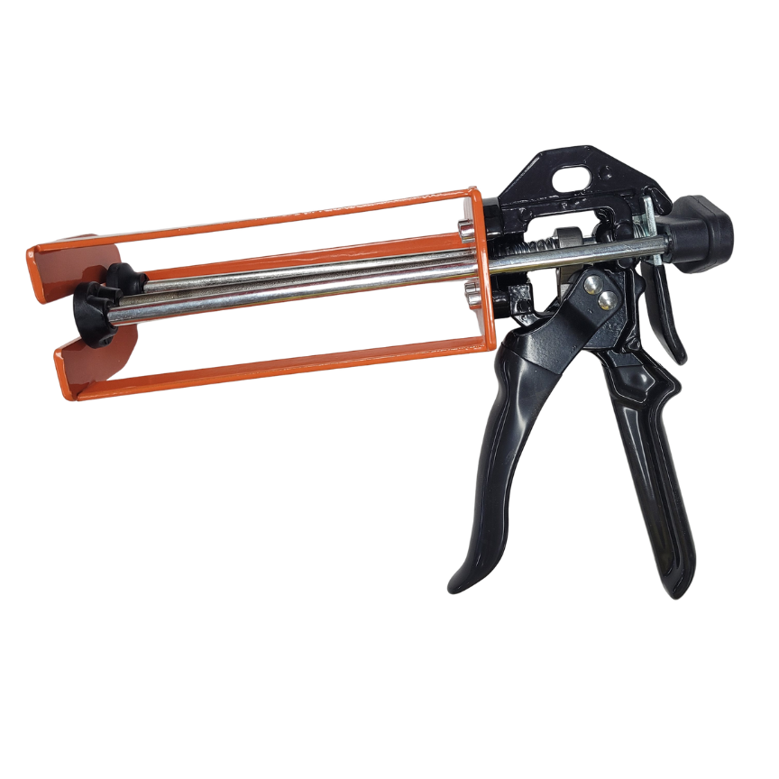 A manual caulking gun with a black handle and trigger, featuring a bright orange protective frame around the metal barrel, shown against a plain white background.