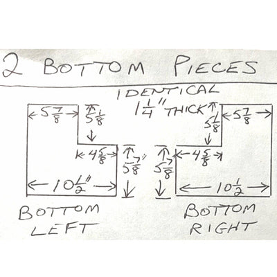 An example of an owner's sketch of their fireplace panels needing to be replaced and custom cast @ Canadian Forge.  Sourcing parts for discontinued Fireplaces can make passing a WETT, insurance, or realtor's inspection impossible.  We can help.