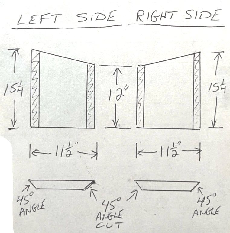 Sketch no.2: An owner's drawing of their fireplace panel's dimensions.  The originals are broken and  Canadian Forge can custom cast replacements.  Sourcing parts for discontinued Fireplaces can make passing a WETT, insurance, or realtor's inspection impossible.  We can help.