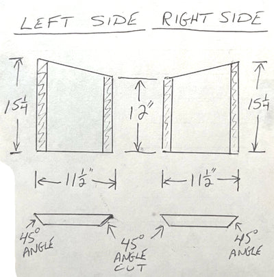 Sketch no.2: An owner's drawing of their fireplace panel's dimensions.  The originals are broken and  Canadian Forge can custom cast replacements.  Sourcing parts for discontinued Fireplaces can make passing a WETT, insurance, or realtor's inspection impossible.  We can help.