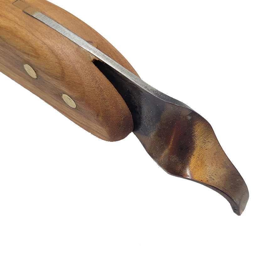 Hoofpick with ergonomic wooden handle by Hall Knives  -Canadian made.  Available at Canadian Forge.