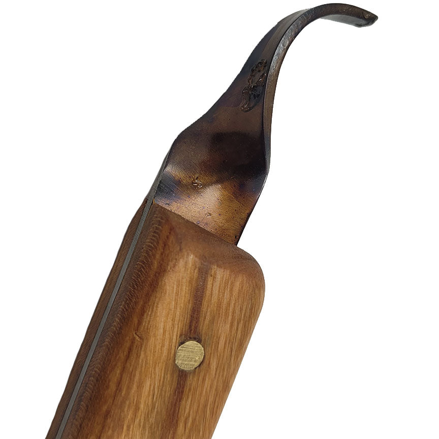 Hoofpick with ergonomic wooden handle by Hall Knives  -Canadian made.  Available at Canadian Forge.