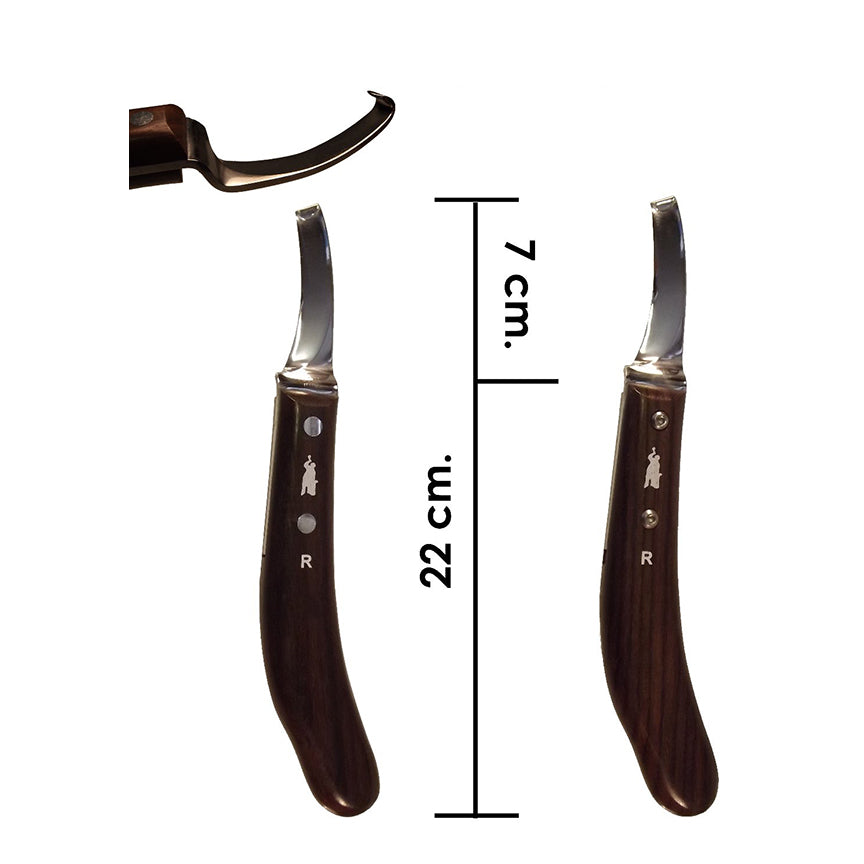 Two farrier hoof knives with wooden handles and measurements on a white background.  Popular Italian-made Hoof Knives, excellent quality and value.