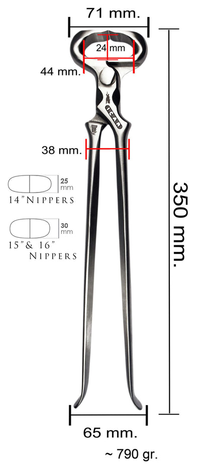 ICAR Classic Smithy Farrier's Horse Hoof Nipper.  High Quality Italian Made.  Available in 14", 15" & 16" lengths.  This is a photo with a schematic measurement over lay.    By Canadian Forge and Farrier Supply.