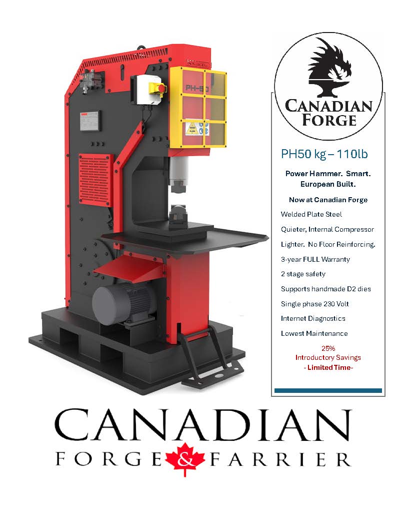 Canadian Forge & Farrier Nargesa PH50 110 lb power hammer, red and black, European-built with advanced features.