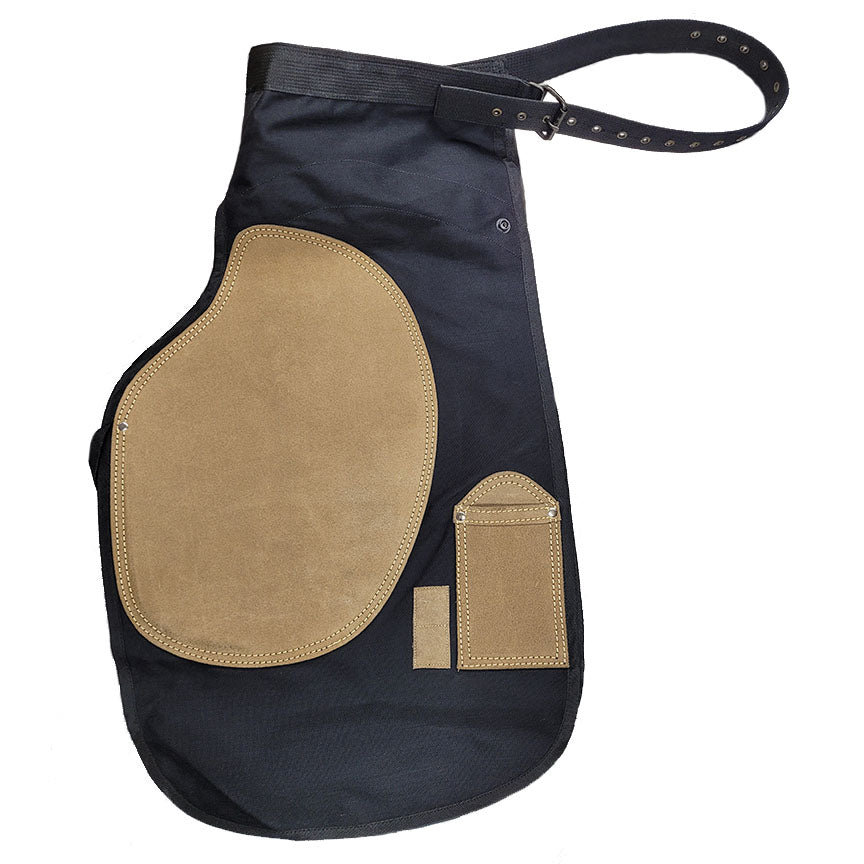 Castillo Cordura Farrier Apron in black with tan leather patches, featuring adjustable belt and tool pockets.